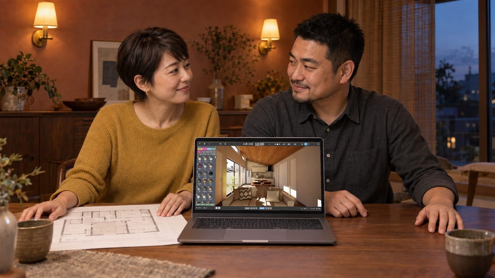 PC の 3D の家を見て、ほっとしてうなずき合う夫婦