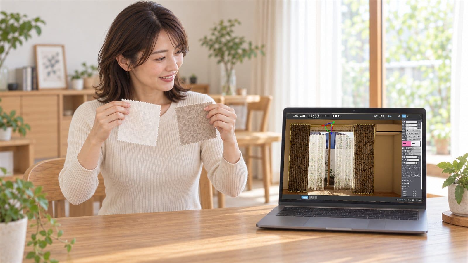 新居の窓辺で、PC のカーテンの画面と生地見本を見比べる女性