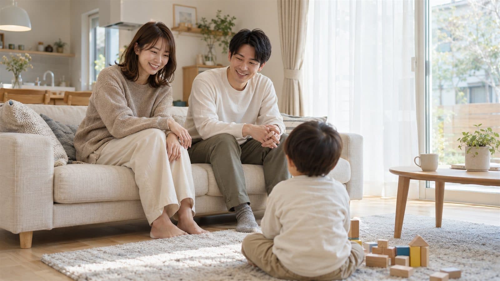 完成したリビングでくつろぐ家族