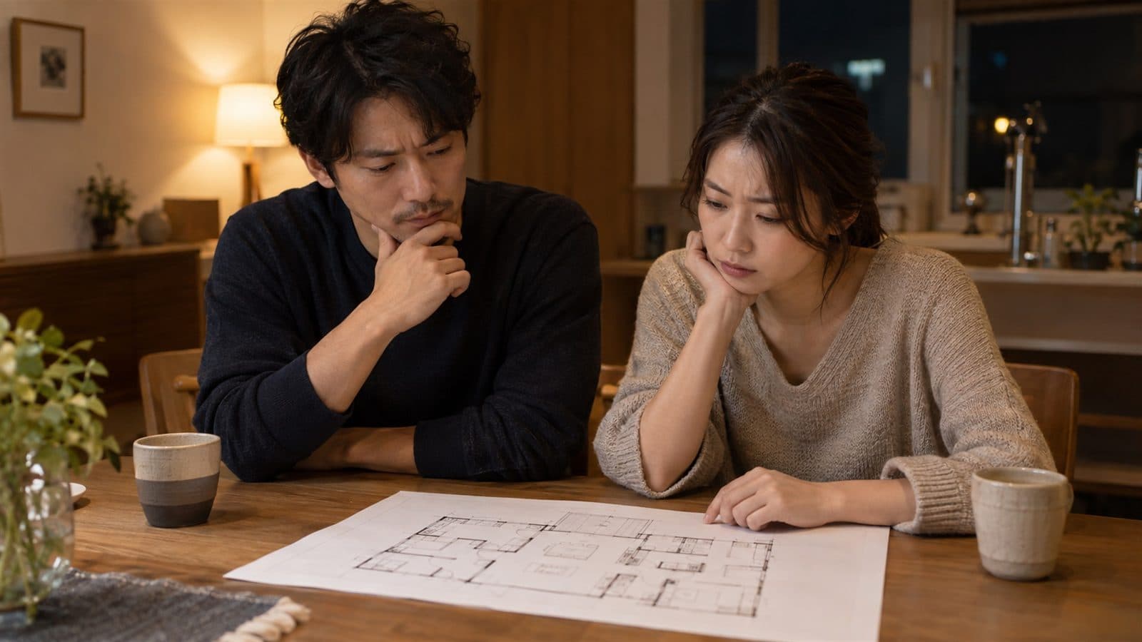 間取り図を前に、夜のダイニングで悩む夫婦
