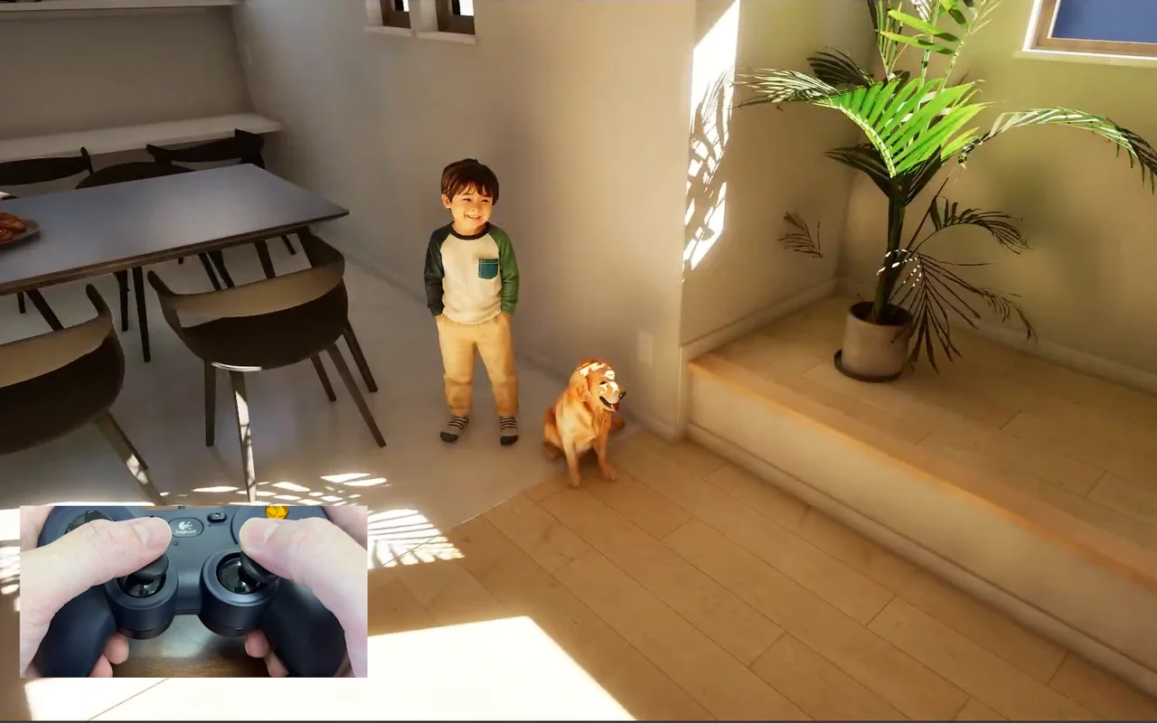 ゲームコントローラーを操作しながら、子どもと犬がいる家の中を歩く画面